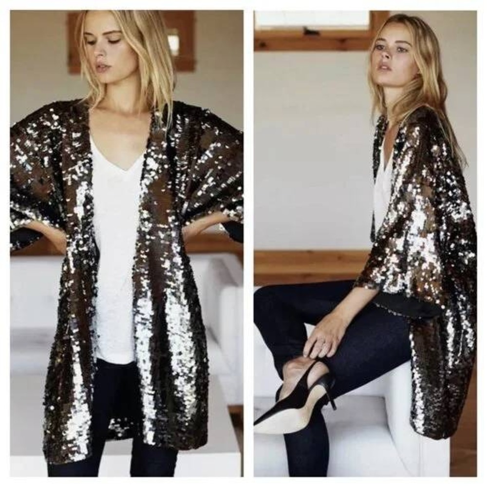 Emerson Fry Sequin Kimono Cardigan M/L Silver Black Party Rave New Years